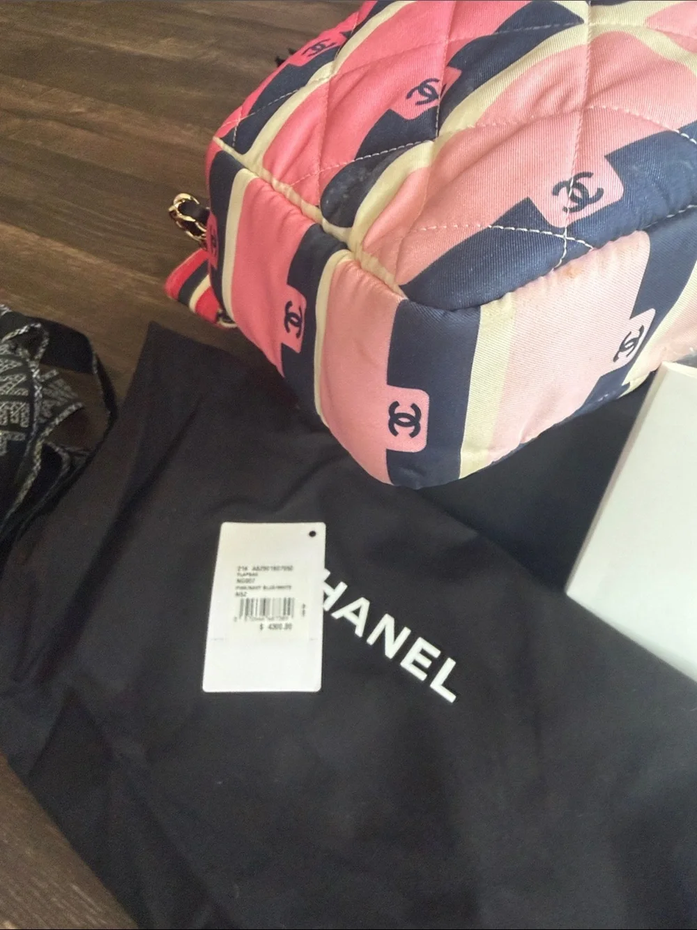 CHANEL Pink Quilted Shoulder Bag with Navy and Cream Grid
